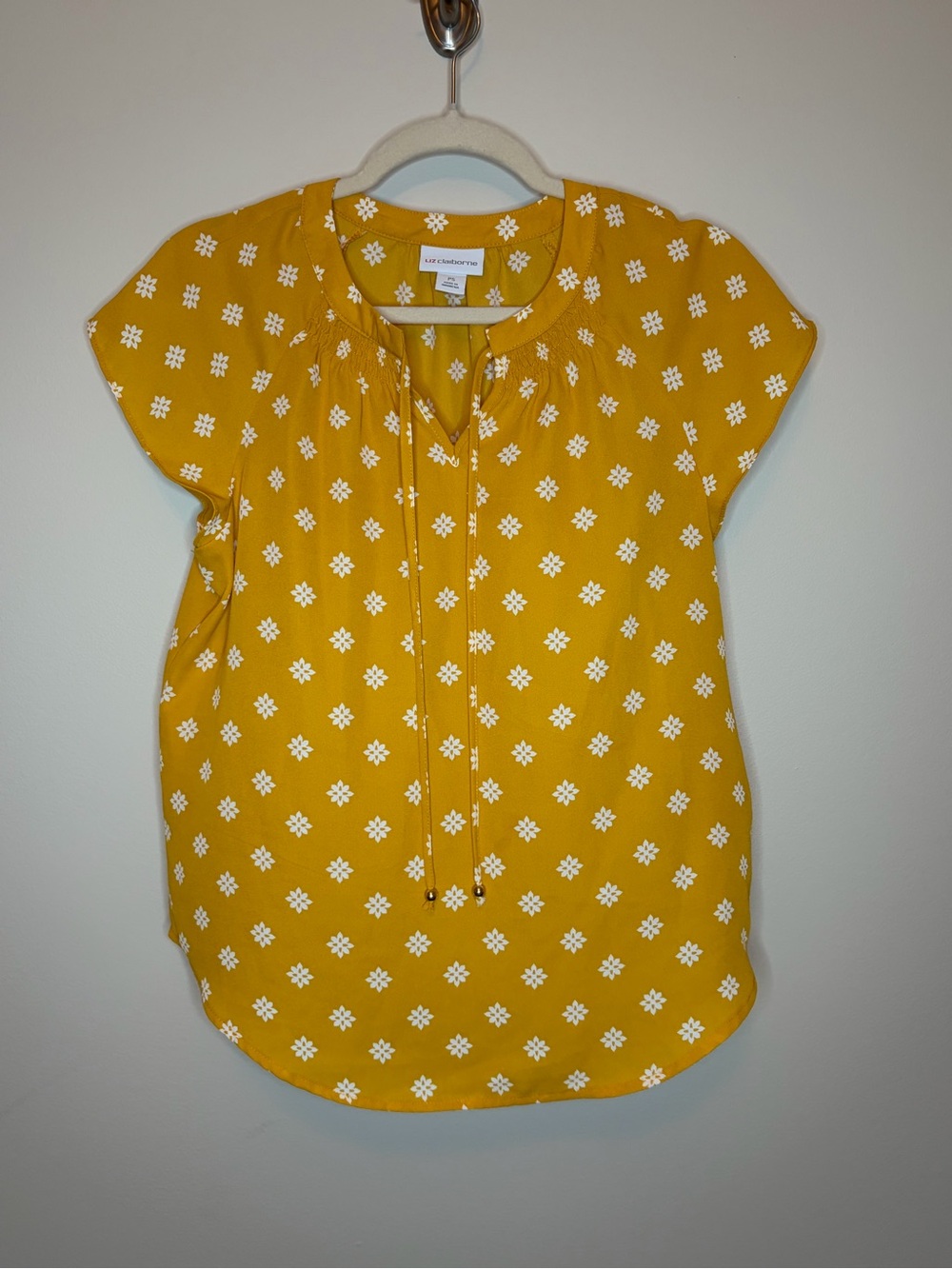 Liz Claiborne Mustard Yellow Petite Small Tie-Neck Blouse
